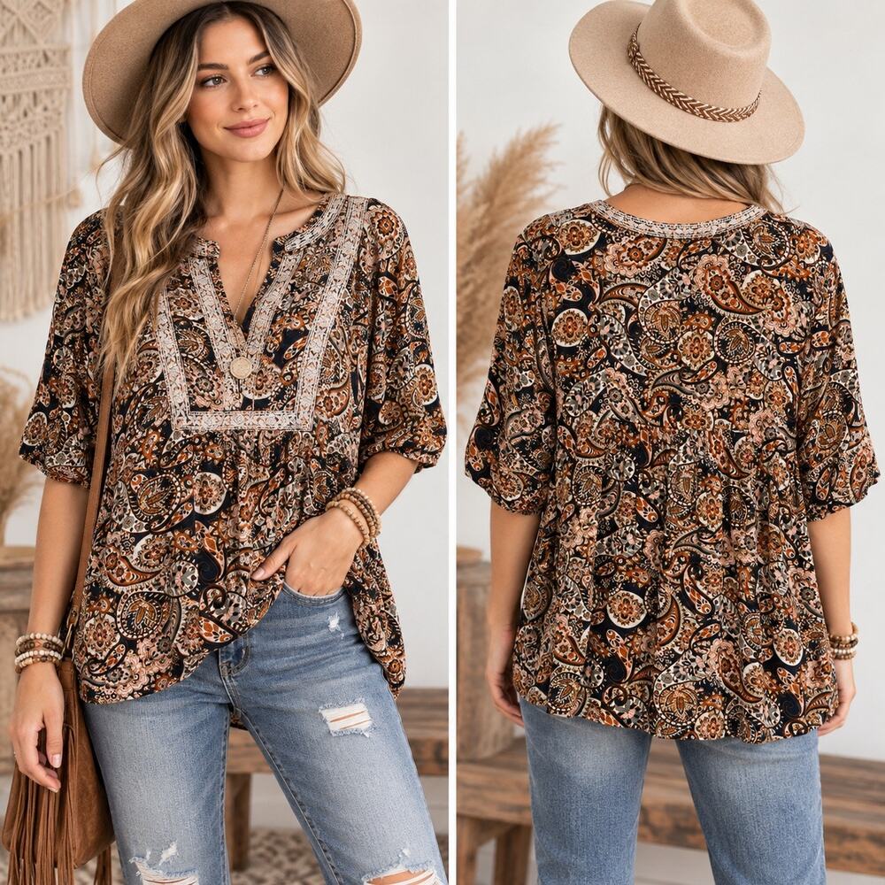 Nurture Babydoll Paisley Boho Blouse Embroidered Earth Tone Black Pink Women’s L
